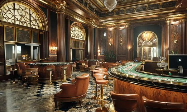 Elegant and Opulent Casino Interior with Rich Wood Accents, Luxurious Furniture, and Sophisticated Lighting Creating a Glamorous Atmosphere for High-Stakes Gaming