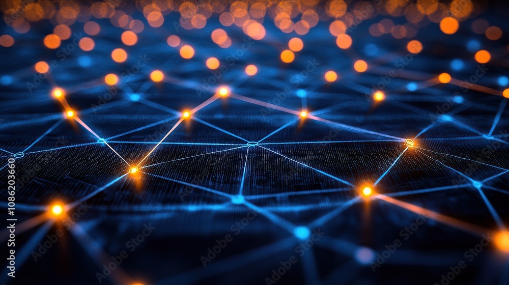 Poster abstract digital network with glowing nodes and connections.