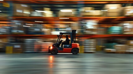 Forklift Driver Moving Quickly Through Warehouse Aisles