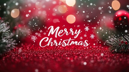 Merry Christmas greeting on a sparkling red glitter background with a festive bokeh effect