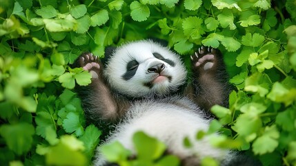 Obraz premium A playful panda cub resting among vibrant green leaves.