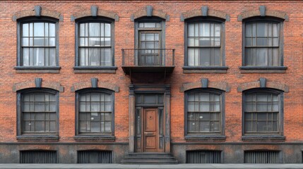 Fototapeta premium A classic brick building facade with multiple windows and a balcony.