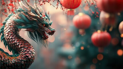 Naklejka premium Majestic dragon among red lanterns and cherry blossoms celebrating chinese new year, symbolizing prosperity and good fortune