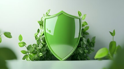 A 3D protection concept with a shield on a white background. Green shield icon
