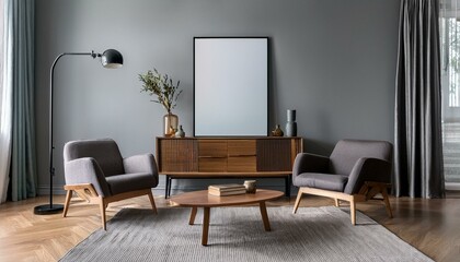 Gray and wooden living room with armchairs, dresser and poster