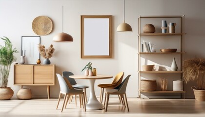 Light living room interior with table and chairs, shelf with decor. Mockup frame