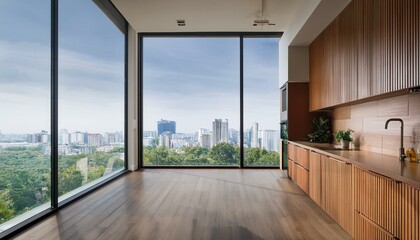 Modern kitchen interior with wooden cabinets and city view through large window. 3D Rendering