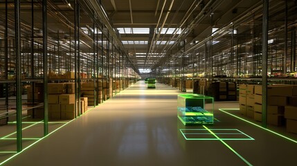 16. A cutting-edge e-commerce warehouse with holographic inventory management systems, digital pick-and-place robots, and glowing product tracking