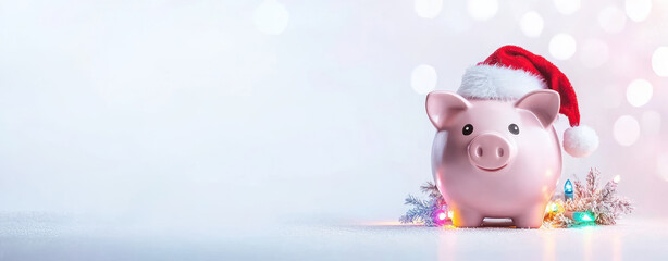 Piggy bank wearing Santa hat, surrounded by festive lights and decorations