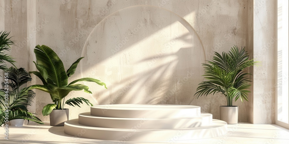 Poster Minimalist Studio Setting With Plants and Circular Platform
