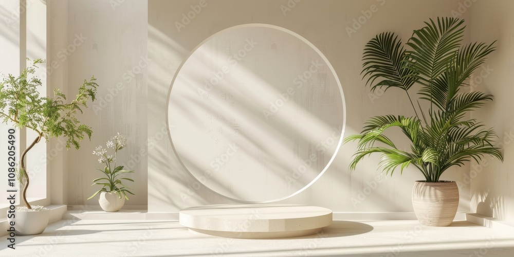 Poster minimalist studio setting with plants and circular display platform
