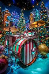 Naklejka premium A vibrant drum set adorned with festive decorations stands proudly in front of a beautifully lit Christmas tree, radiating holiday cheer and musical spirit.