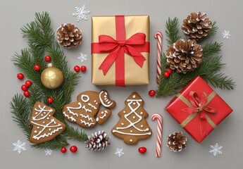 A colorful array of festive Christmas cookies and cheerful decorations adorns a table, evoking a warm, joyous holiday spirit.