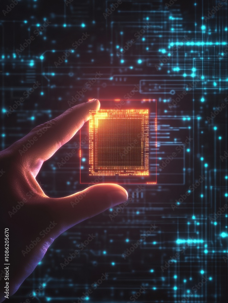 Poster a person's hand grasps a micro biochip that showcases holographic health metrics against a backdrop 
