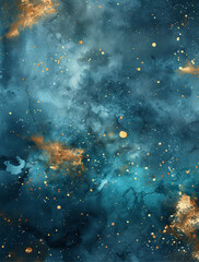 Fototapeta premium Watercolor teal background with gold sprinkles, vector graphic design, flat 