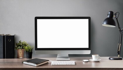Fototapeta premium Stylish office room interior with table and computer. Mockup frame