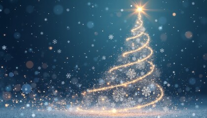 A beautifully illuminated Christmas tree spirals upward, adorned with shimmering lights and delicate snowflakes, set against a dreamy blue backdrop. The scene radiates a magical winter ambiance, with