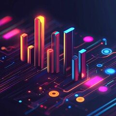 Neon lights, glowing columns, digital circuit board.