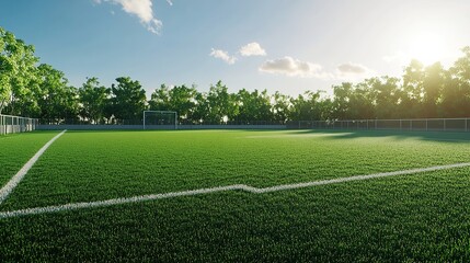 Obraz premium A vibrant soccer field surrounded by trees, illuminated by sunlight.