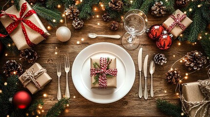 A festive table setting with gifts, pinecones, and holiday decorations.