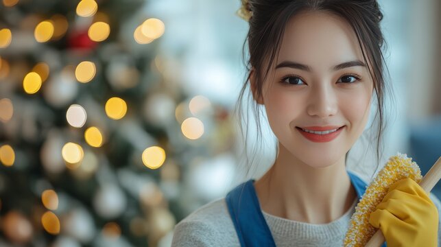 Young Asian woman in blue overalls holding a dust brush and smiling on Christmas interior background