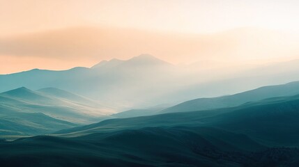 Fototapeta premium Serene mountain landscape with soft hues and gentle light at dawn.