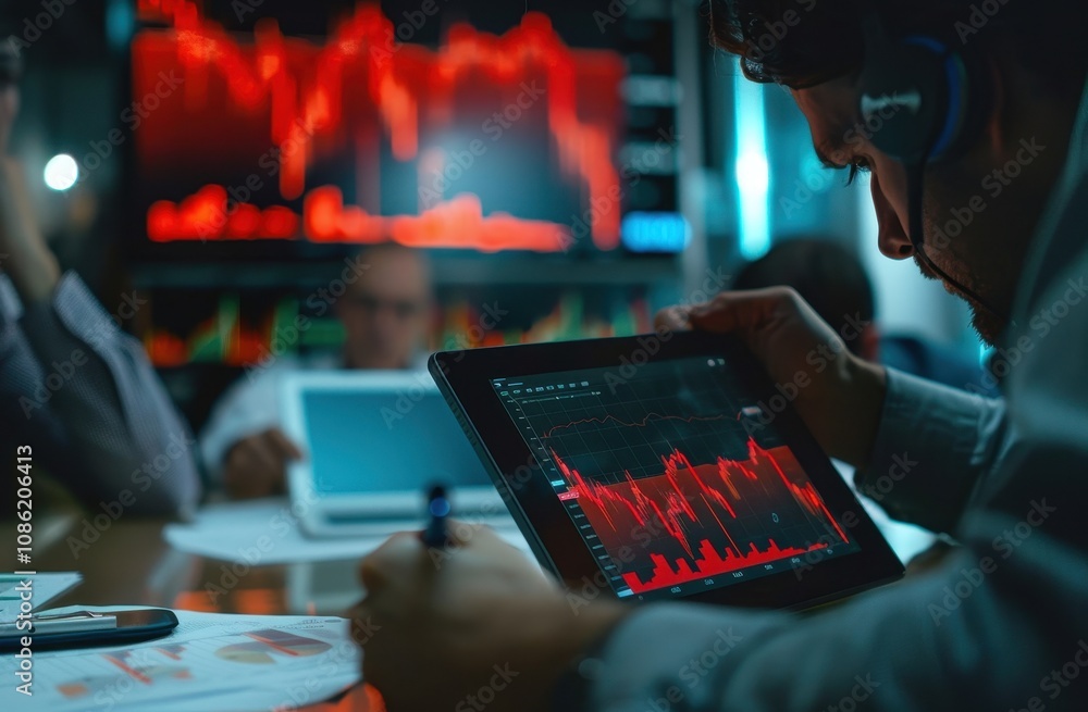 Poster analyst reviewing financial data on tablet device