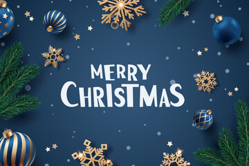 Fototapeta premium Christmas card with gold snowflakes, blue ornaments, and pine branches on a dark blue background