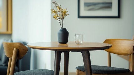 A cozy dining setup featuring a wooden table, chairs, and a decorative vase.