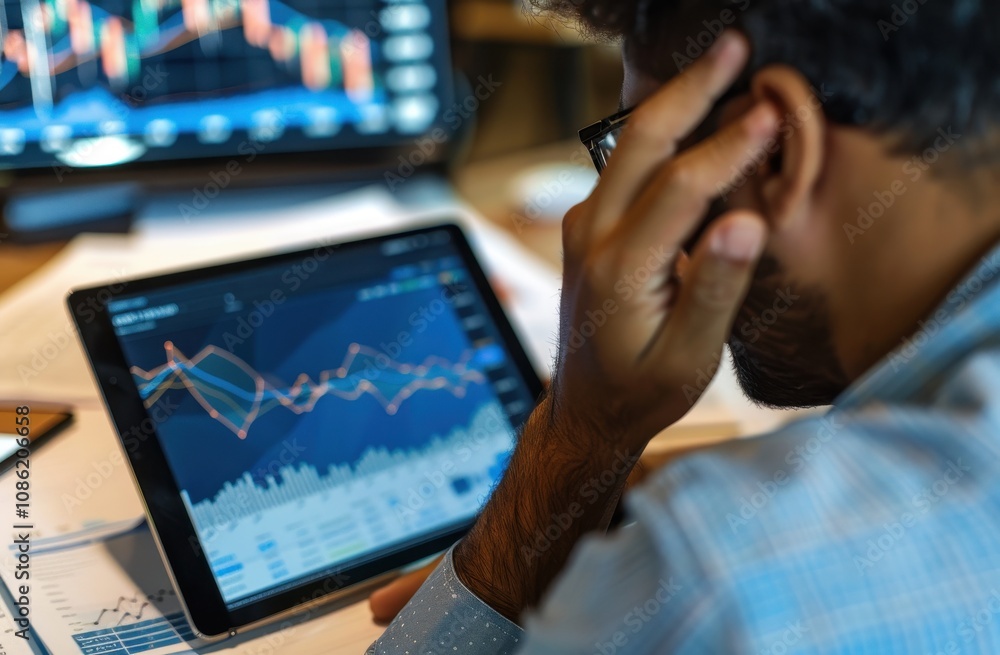 Poster man analyzing financial data on tablet and computer