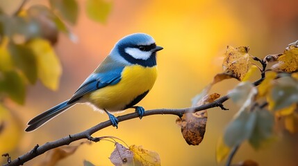 Obraz premium A vibrant bird perched on a branch amidst autumn leaves.