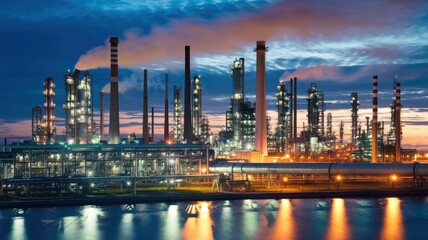 Oil refinery silhouette against a vibrant sunset with reflective water.