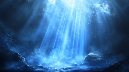 Fototapeta premium Dynamic blue light beams create an ethereal atmosphere in a dark setting. Ethereal Light Beams. Illustration