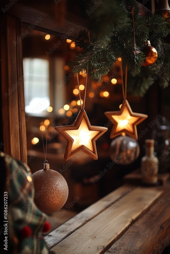 Poster two luminous stars dangle from a tree, glowing softly against a backdrop of twinkling lights, creati