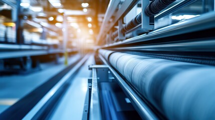 Fototapeta premium A close-up view of a conveyor belt in an industrial setting, emphasizing motion and efficiency.