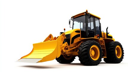Fototapeta premium A yellow bulldozer with a large front blade, designed for heavy construction and earthmoving tasks, shown against a white background.