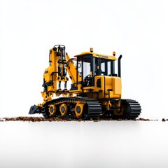 Obraz premium A yellow excavator is positioned on a plain surface, showcasing its robust design and machinery for construction and earth-moving tasks.