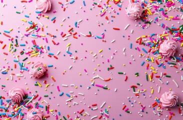 Pink Meringues and Colorful Sprinkles on Pink Background