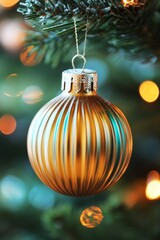 Fototapeta premium A sparkling Christmas ornament dangles gracefully from a lush evergreen branch, radiating festive joy and warmth amidst twinkling holiday lights.