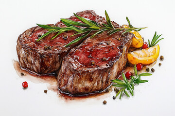 Watercolor Painting of Two Delicious Grilled Steaks