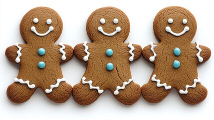 Three charming gingerbread cookies, adorned with white icing and bright blue eyes, are artfully lined up, evoking a delightful festive spirit.