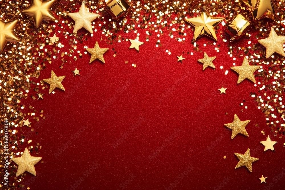 Poster a vibrant red canvas adorned with scattered stars, elegantly framed by a shimmering gold border, cre