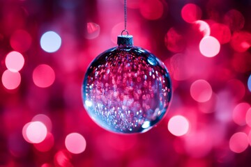 Fototapeta premium A shimmering Christmas ornament dangles gracefully from a delicate string, reflecting vibrant colors and festive cheer in a warm, holiday atmosphere.