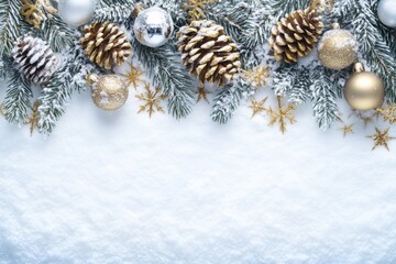 Obraz premium A festive array of colorful Christmas decorations scattered on a glistening snowy surface, evoking joy and warmth during the holiday season.