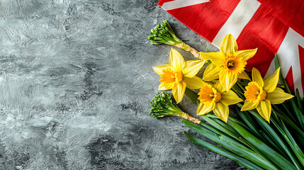 Welsh St David's Day celebration featuring daffodils and leek symbols alongside a vibrant flag
