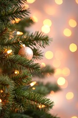 A beautifully adorned Christmas tree sparkling with a stunning gold ornament, radiating festive cheer and warmth, perfect for holiday celebrations.