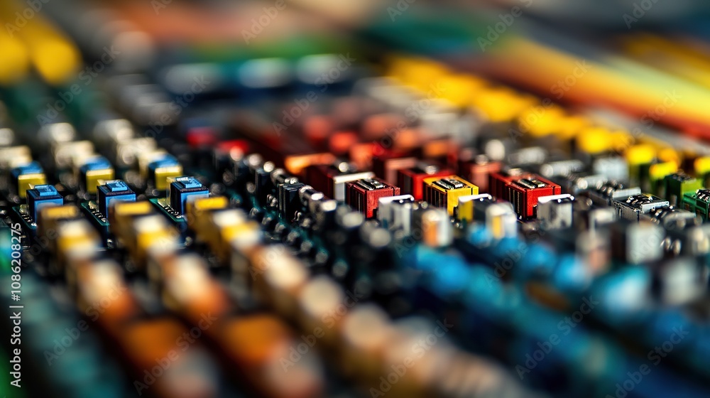 Poster a close-up view of colorful electronic circuit boards and components.