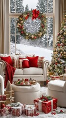 A cozy living room adorned with festive Christmas decorations, featuring a beautifully lit tree, creating a warm and joyful holiday atmosphere.