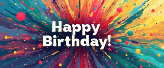 A dazzling burst of colors radiates from the center, where bold white letters proclaim "Happy Birthday!" The vibrant splashes of red, yellow, blue, and green create a festive atmosphere, evoking