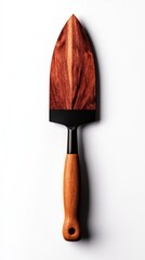 A gardening trowel with a textured wooden handle and a sharp blade, ideal for digging and planting in flower beds or pots.
